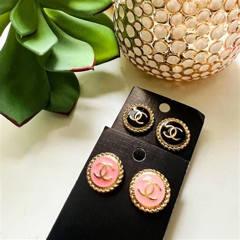 repurposed chanel button necklace|upcycled Chanel button earrings.